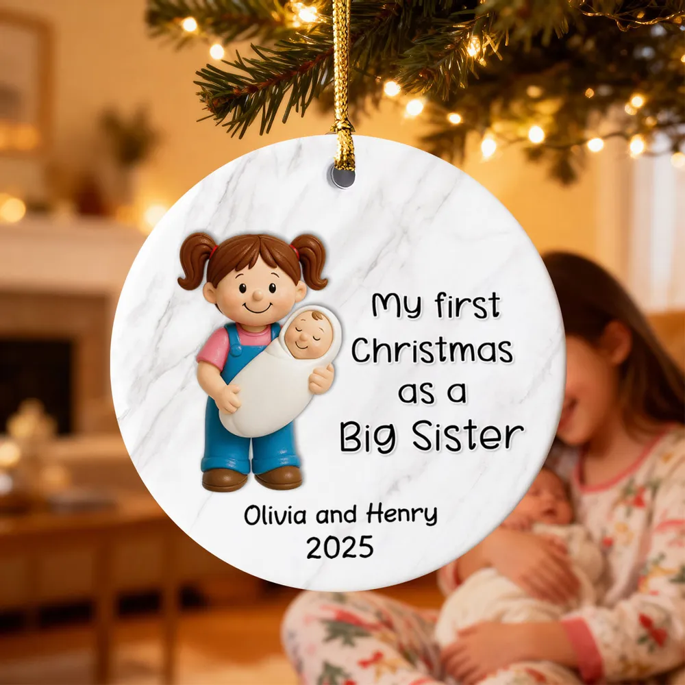 Personalized Big Brother Big Sister Ceramic Ornament celebrating first Christmas as a sibling, round ceramic holiday décor gift - Image 3