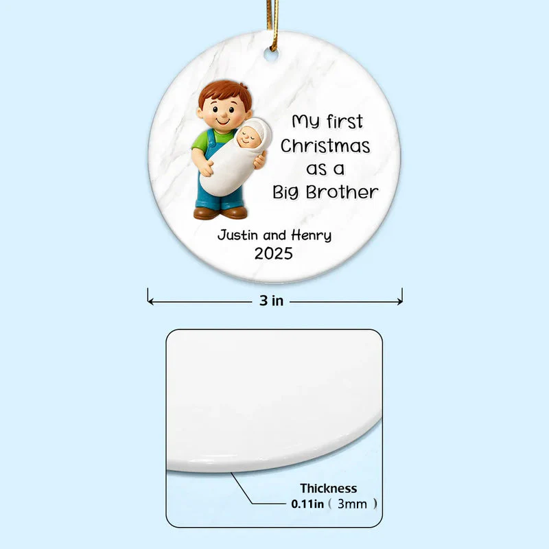 Personalized Big Brother Big Sister Ceramic Ornament celebrating first Christmas as a sibling, round ceramic holiday décor gift - Image 4