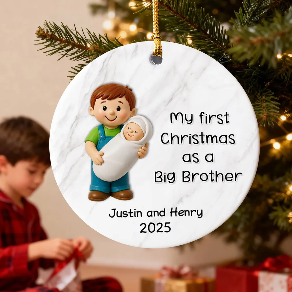Personalized Big Brother Big Sister Ceramic Ornament celebrating first Christmas as a sibling, round ceramic holiday décor gift - Image 5