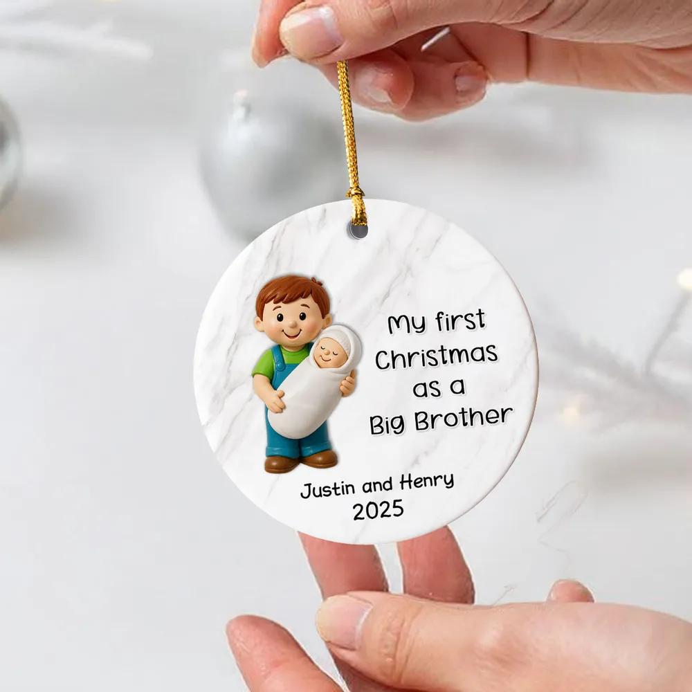 Personalized Big Brother Big Sister Ceramic Ornament celebrating first Christmas as a sibling, round ceramic holiday décor gift - Image 6