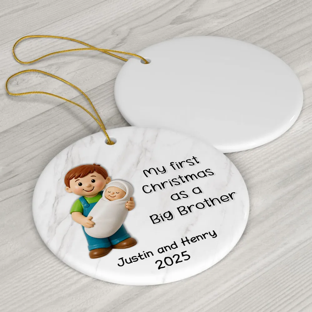 Personalized Big Brother Big Sister Ceramic Ornament celebrating first Christmas as a sibling, round ceramic holiday décor gift - Image 7