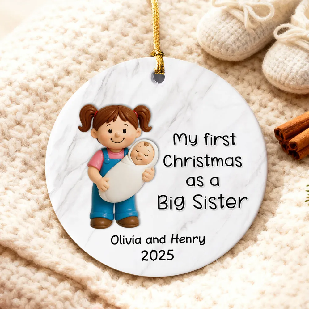 Personalized Big Brother Big Sister Ceramic Ornament celebrating first Christmas as a sibling, round ceramic holiday décor gift - Image 9