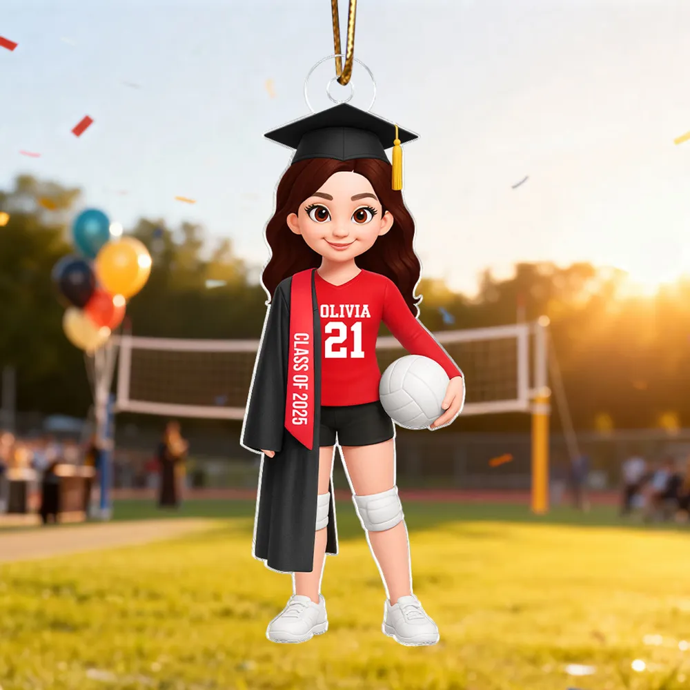 Graduation Volleyball Girl Acrylic Ornament with custom name & year, sporty keepsake gift for students and athletes - Image 2