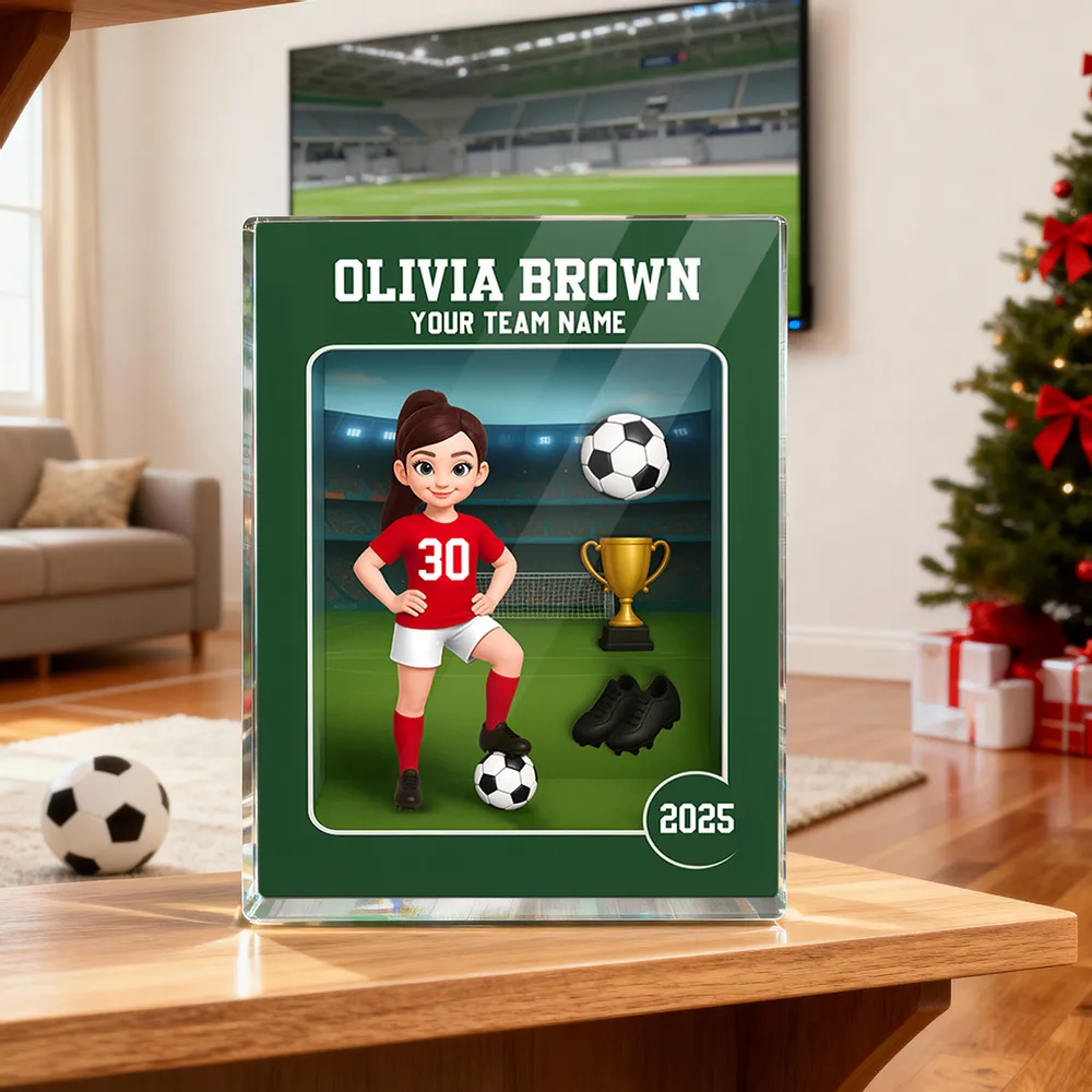 Acrylic Block Plaque - Customizable Soccer Keepsake, stadium design, player with ball - Creative Gift for Kids & Teams - Image 2