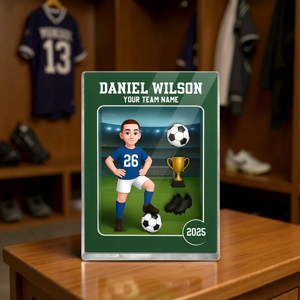 Acrylic Block Plaque - Customizable Soccer Keepsake, stadium design, player with ball - Creative Gift for Kids & Teams - Image 3