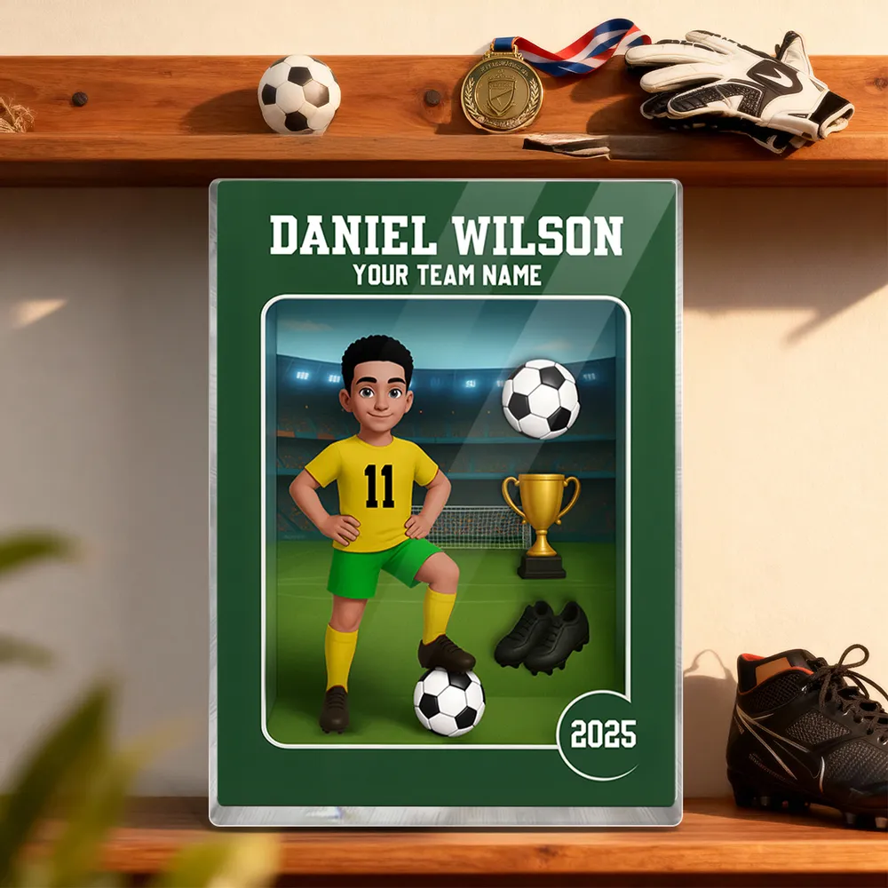 Acrylic Block Plaque - Customizable Soccer Keepsake, stadium design, player with ball - Creative Gift for Kids & Teams - Image 8