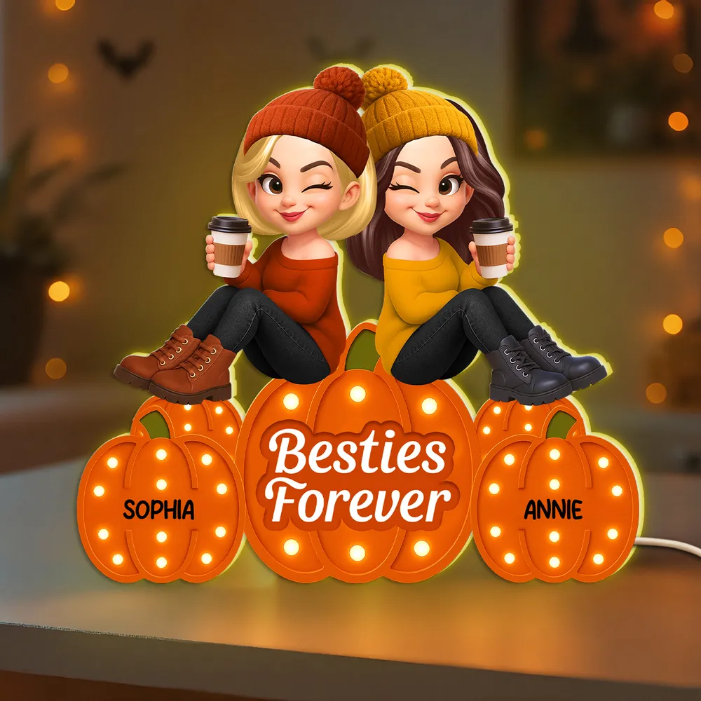 Besties Forever Acrylic Light Box with Pumpkin Marquee Glow, Sitting Friends, Cozy Fall Decor, a Unique Gift for Best Friend - Image 2