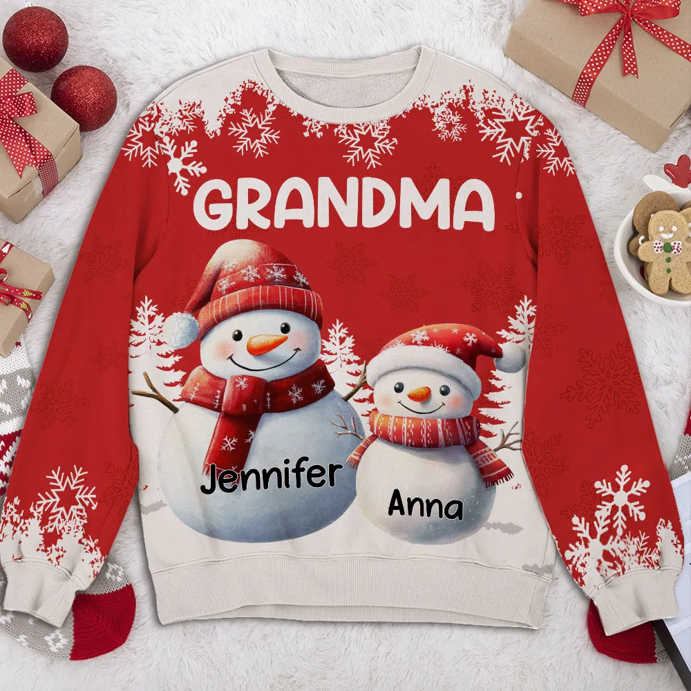 Snowman Family Sweatshirt, Personalized All-Over Print for Grandma, Festive Red, Snowy Forest vibe, a unique Christmas gift - Image 3