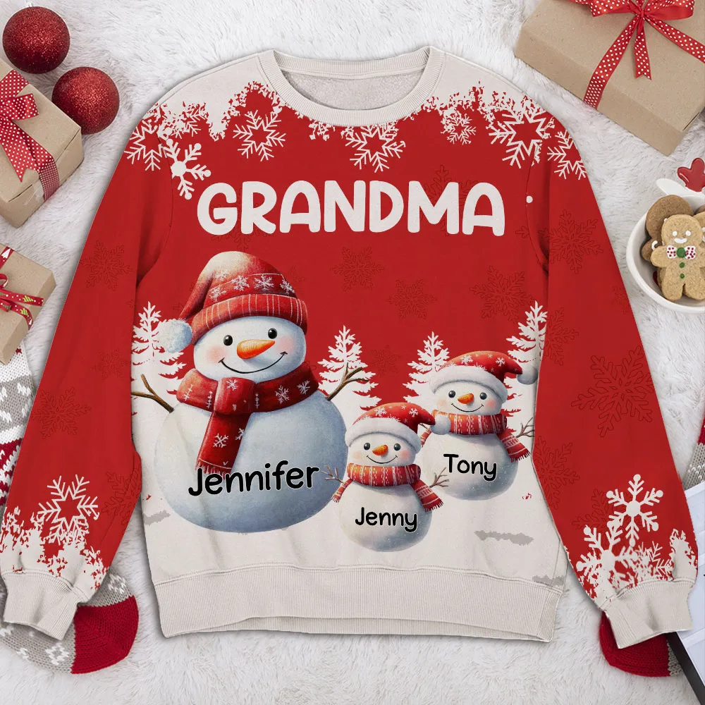 Snowman Family Sweatshirt, Personalized All-Over Print for Grandma, Festive Red, Snowy Forest vibe, a unique Christmas gift - Image 4