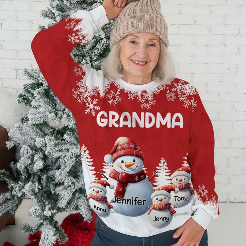 Snowman Family Sweatshirt, Personalized All-Over Print for Grandma, Festive Red, Snowy Forest vibe, a unique Christmas gift - Image 5