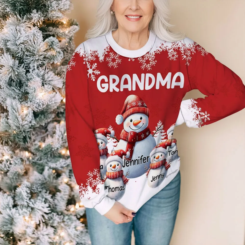 Snowman Family Sweatshirt, Personalized All-Over Print for Grandma, Festive Red, Snowy Forest vibe, a unique Christmas gift - Image 6