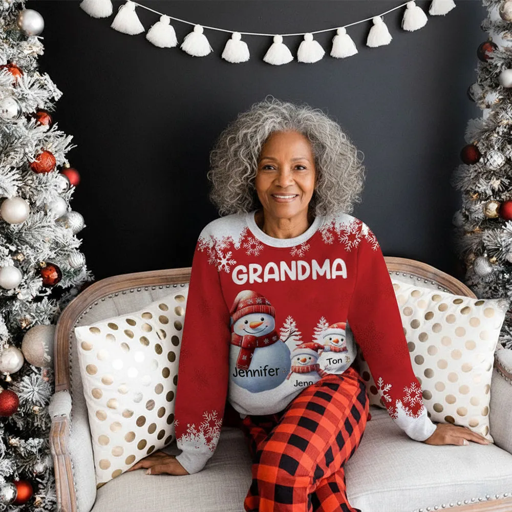 Snowman Family Sweatshirt, Personalized All-Over Print for Grandma, Festive Red, Snowy Forest vibe, a unique Christmas gift - Image 7