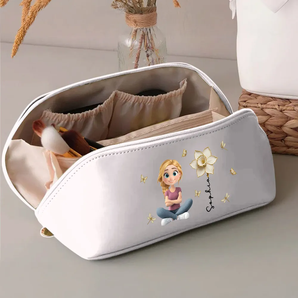 Leather Makeup Bag, custom floral art with a cross-legged cartoon girl; travel-ready, a creative gift for daughter or teen - Image 2