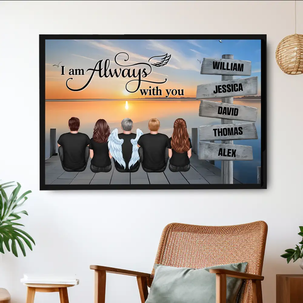 “I Am Always With You” Memorial Poster – Custom Family & Angel Wings, Sunset Dock Scene - Image 2