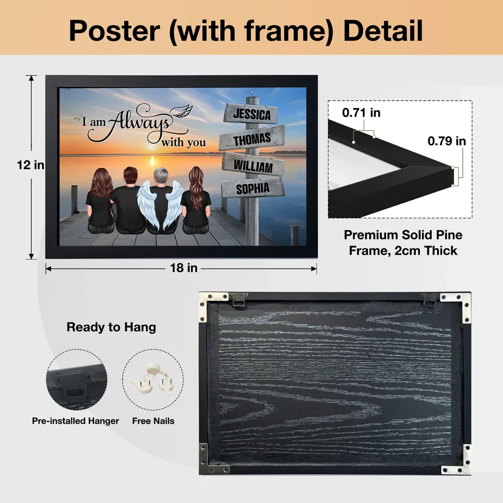 “I Am Always With You” Memorial Poster – Custom Family & Angel Wings, Sunset Dock Scene - Image 5