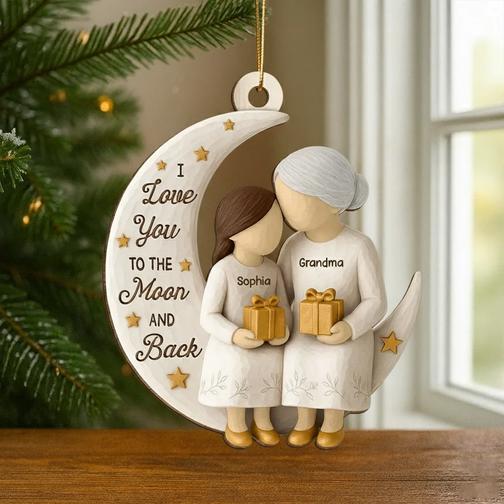 Wooden Ornament - Grandma & Grandkid on Crescent Moon, Customizable, unique gift for Granddaughter or Grandson
