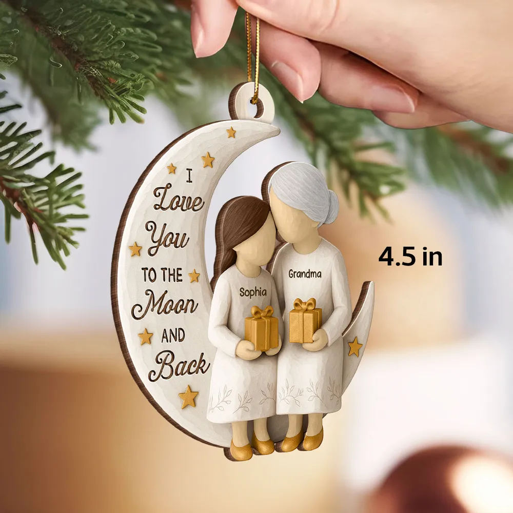 Wooden Ornament - Grandma & Grandkid on Crescent Moon, Customizable, unique gift for Granddaughter or Grandson - Image 2