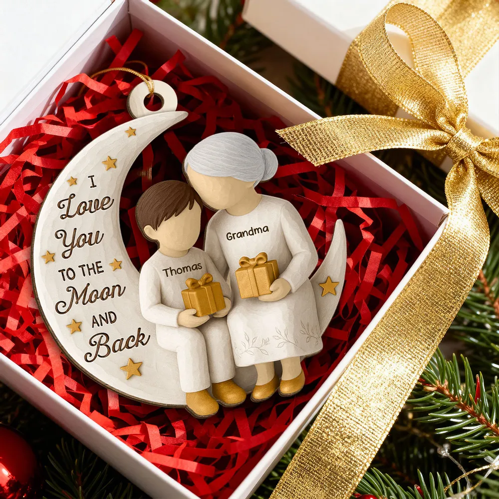 Wooden Ornament - Grandma & Grandkid on Crescent Moon, Customizable, unique gift for Granddaughter or Grandson - Image 3