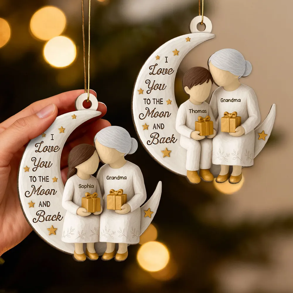 Wooden Ornament - Grandma & Grandkid on Crescent Moon, Customizable, unique gift for Granddaughter or Grandson - Image 4