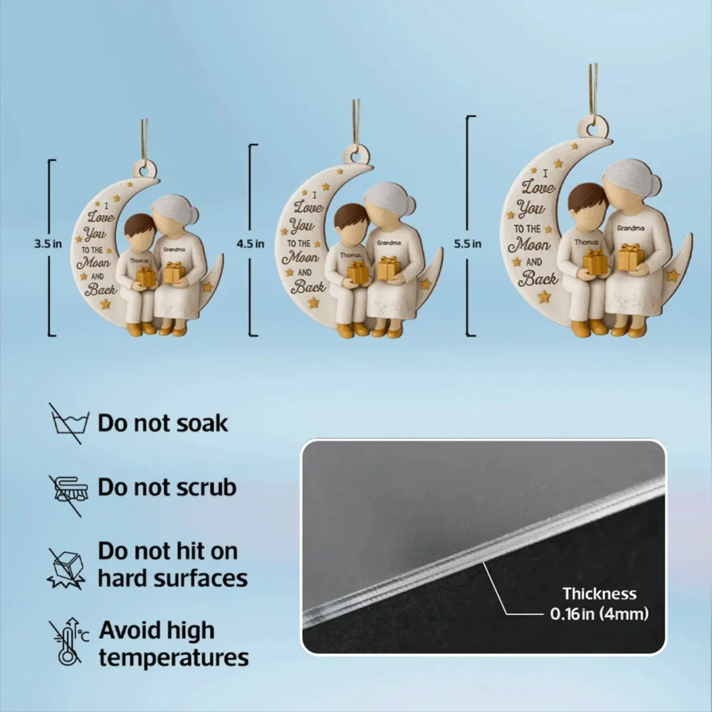 Wooden Ornament - Grandma & Grandkid on Crescent Moon, Customizable, unique gift for Granddaughter or Grandson - Image 5