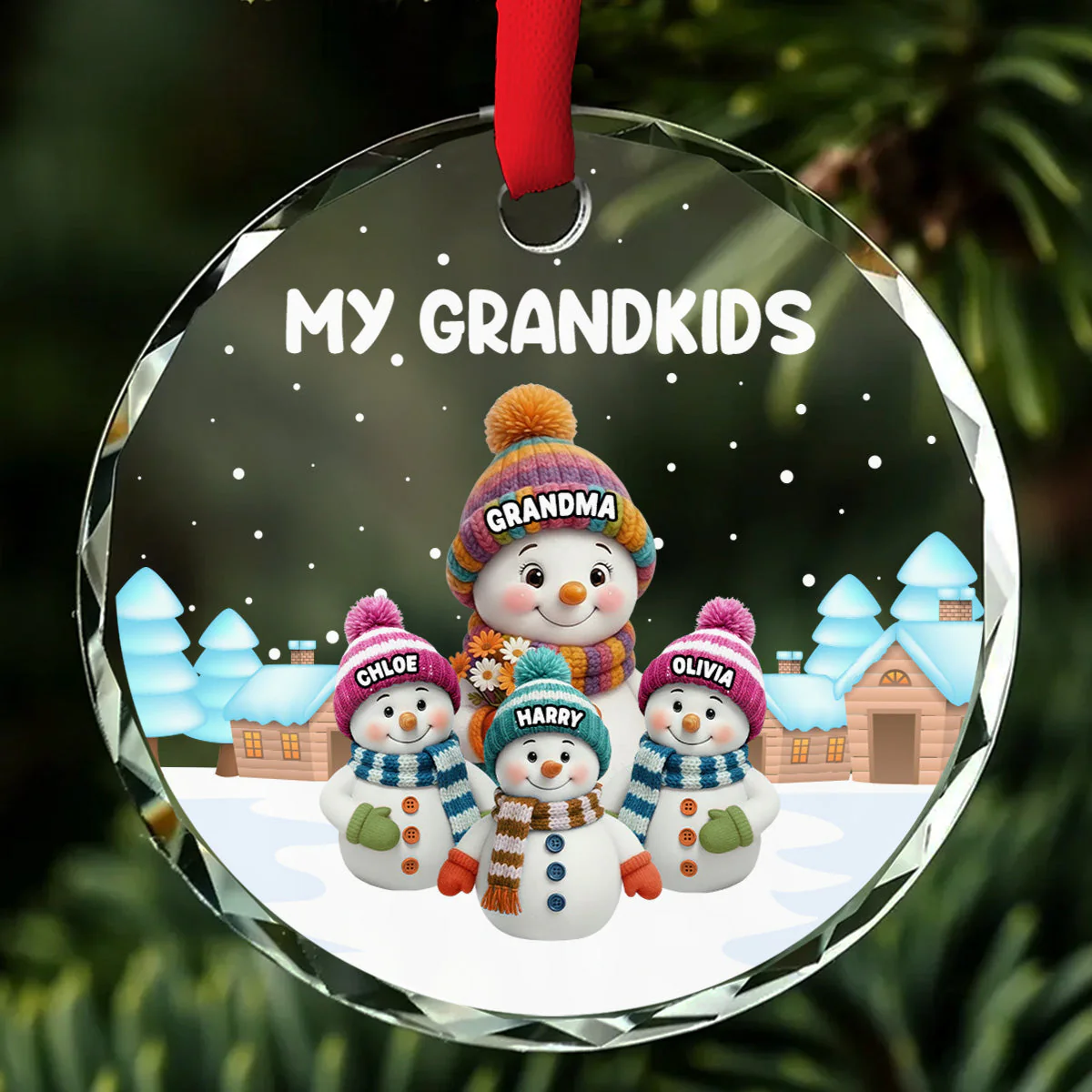 Crystal Ornament with Snowman Grandkids, Snowy Village Scene, customizable decor, heartfelt keepsake, unique gift for Grandma Grandpa