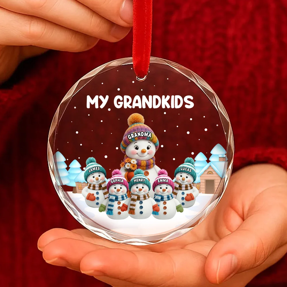 Crystal Ornament with Snowman Grandkids, Snowy Village Scene, customizable decor, heartfelt keepsake, unique gift for Grandma Grandpa - Image 2