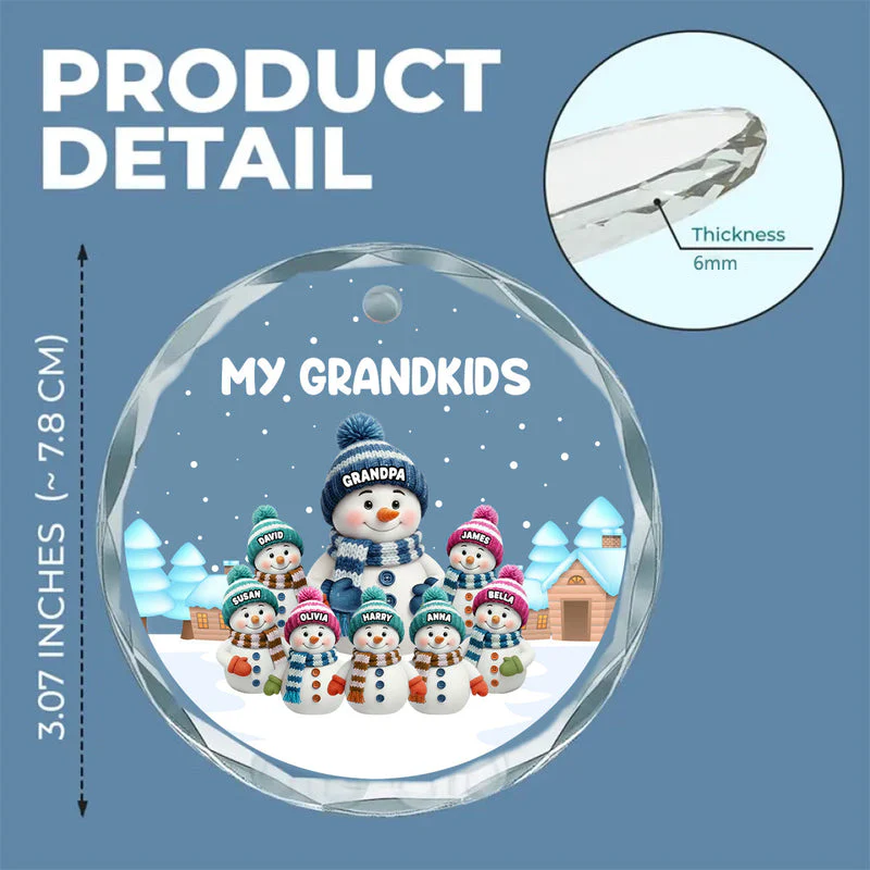 Crystal Ornament with Snowman Grandkids, Snowy Village Scene, customizable decor, heartfelt keepsake, unique gift for Grandma Grandpa - Image 4
