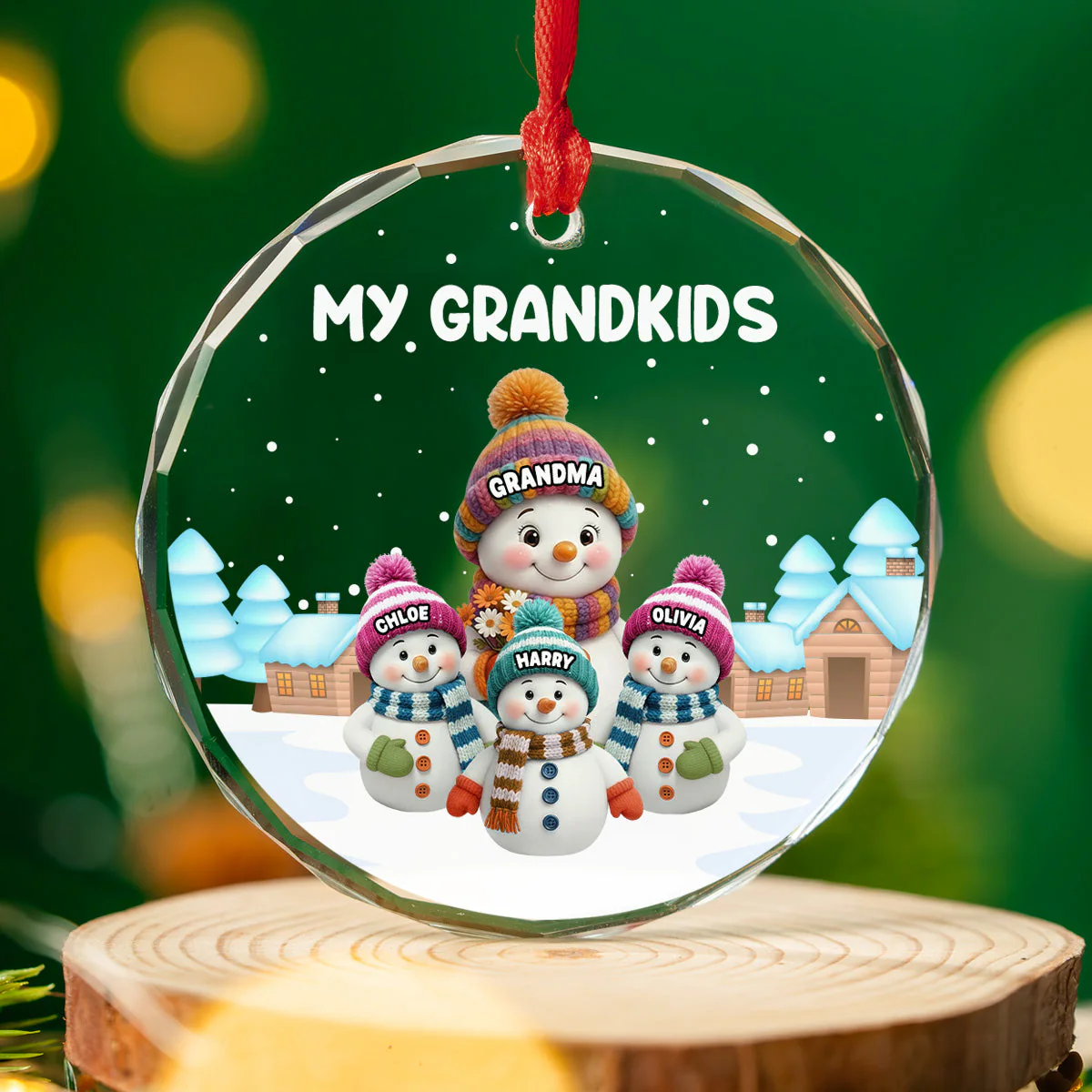 Crystal Ornament with Snowman Grandkids, Snowy Village Scene, customizable decor, heartfelt keepsake, unique gift for Grandma Grandpa - Image 5