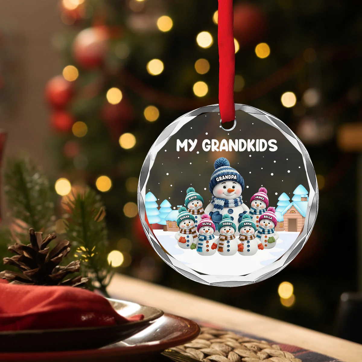 Crystal Ornament with Snowman Grandkids, Snowy Village Scene, customizable decor, heartfelt keepsake, unique gift for Grandma Grandpa - Image 6