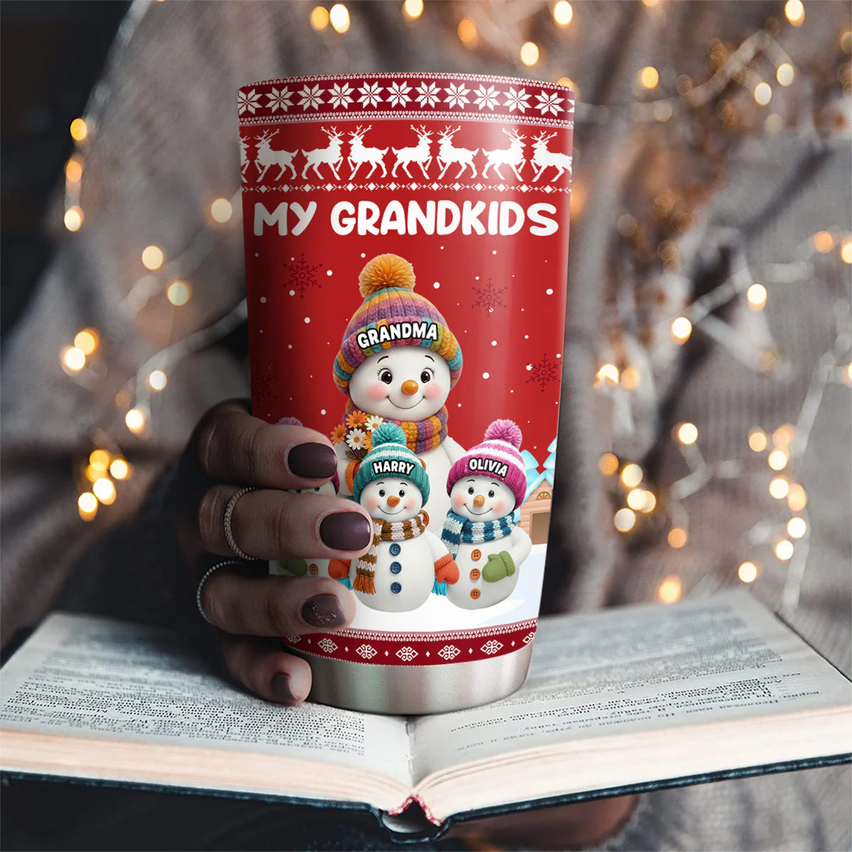 Insulated Travel Tumbler - My Grandkids Snowman Family, Leak-Proof, Keeps Drinks Hot & Cold, a unique gift for Grandma - Image 3