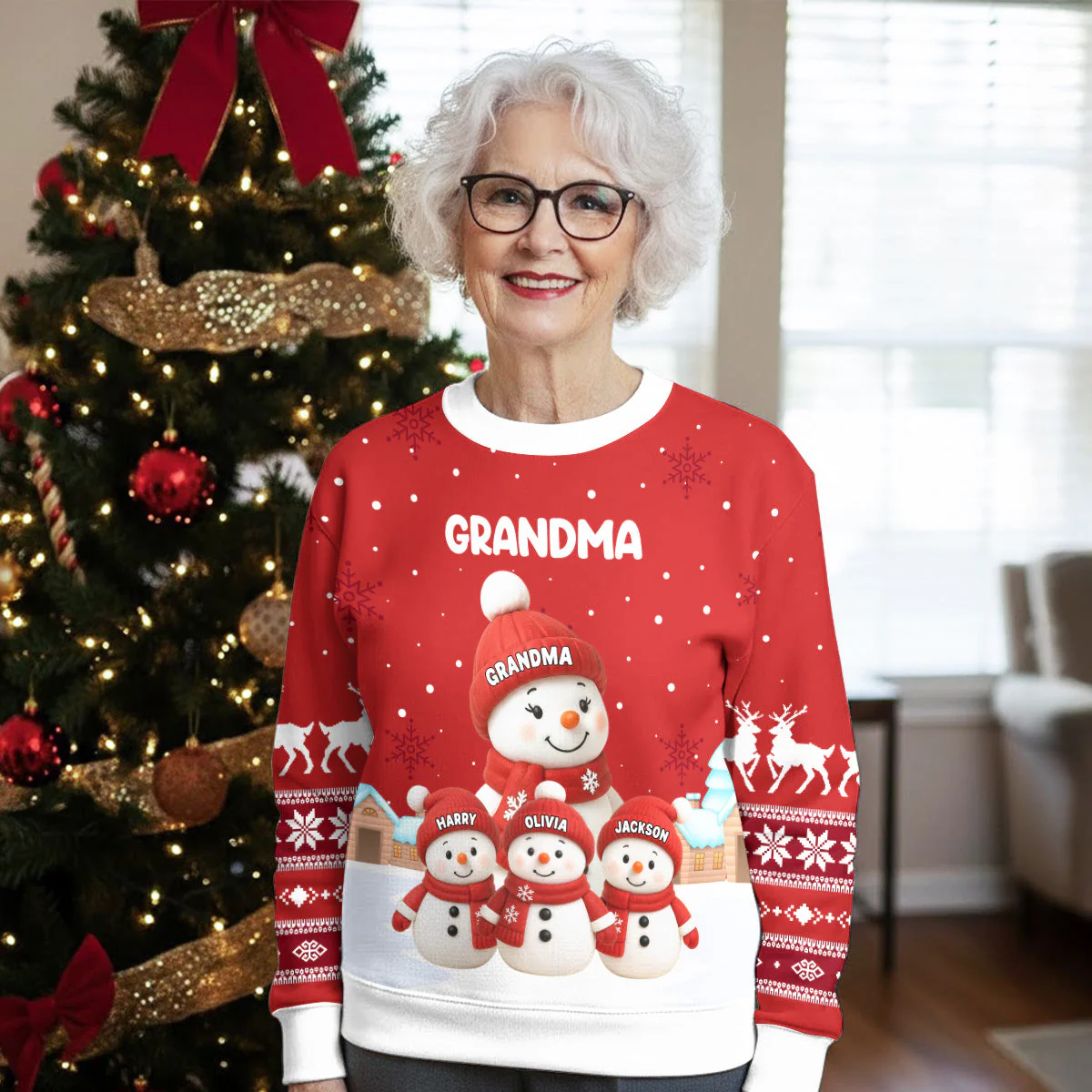 Grandma Snowman Family Sweatshirt, Personalized All-Over Print, Snowy Village Scene, a Unique Christmas Gift for Grandma - Image 2
