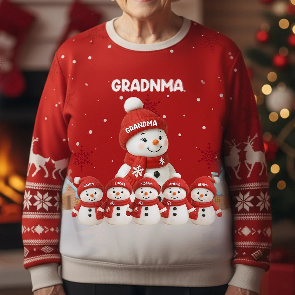 Grandma Snowman Family Sweatshirt, Personalized All-Over Print, Snowy Village Scene, a Unique Christmas Gift for Grandma - Image 3