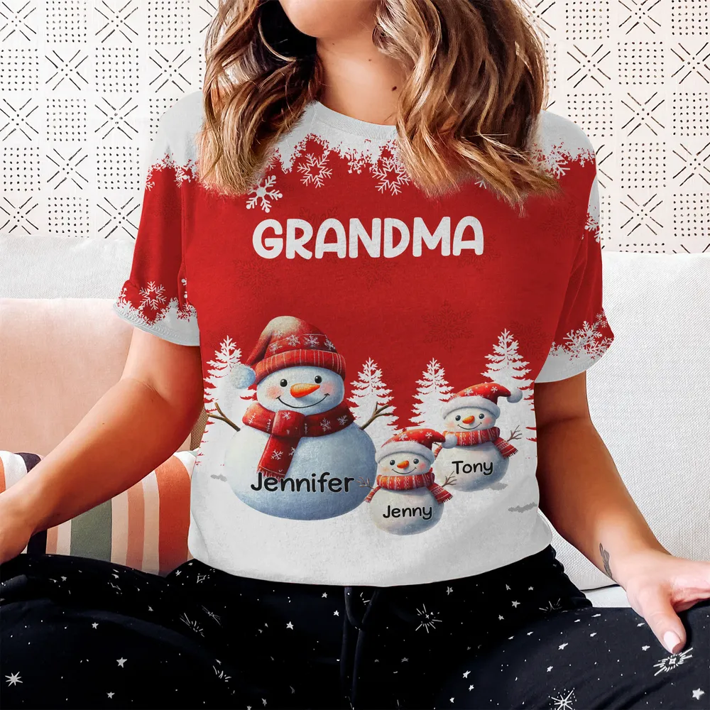 Classic Tee - Snowman Grandma Christmas Design, Soft Cotton, Snowy Forest Scene, a unique gift for Grandma - Image 3