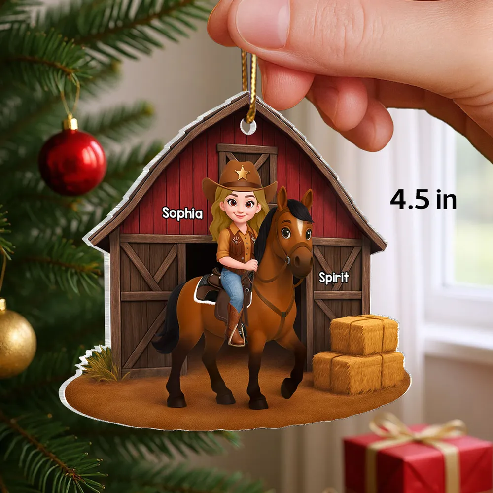 Acrylic Ornament, Cowgirl Riding Horse at Red Barn, Custom Farm Scene, a unique gift for Horse Lovers & Kids - Image 2
