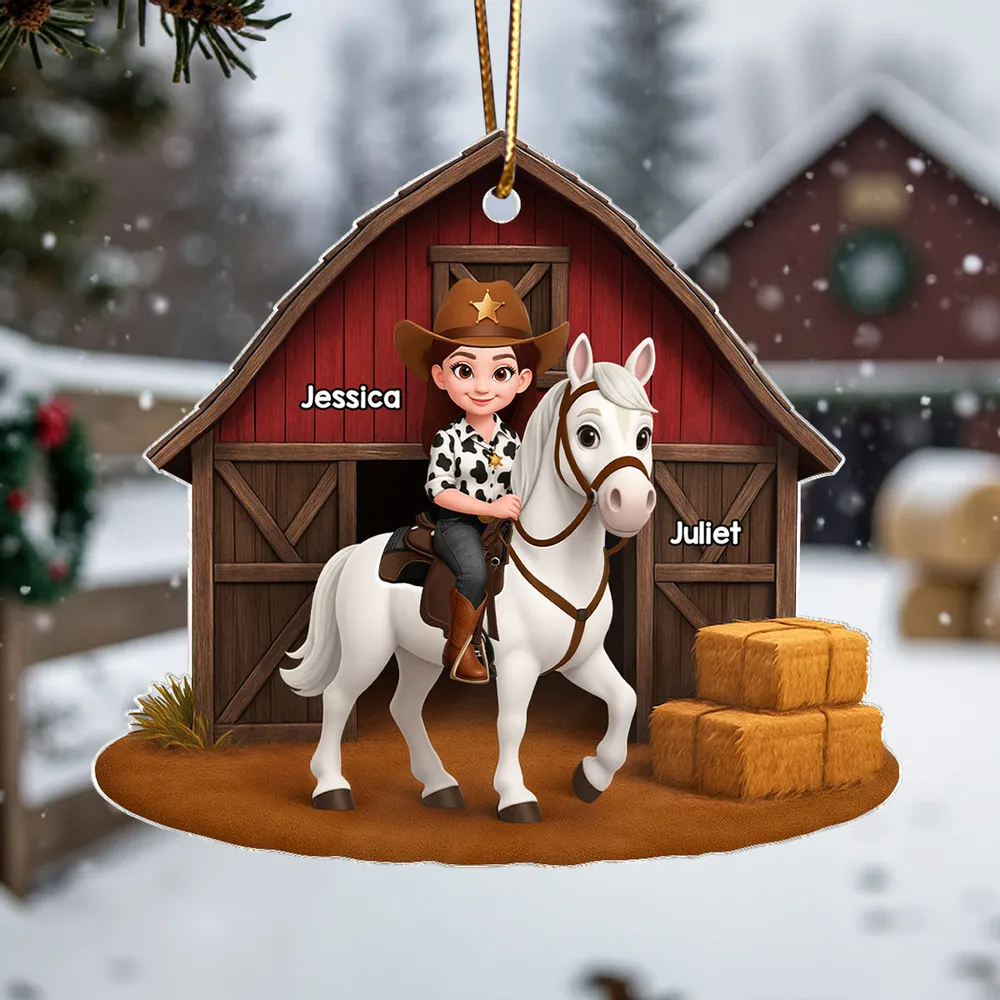 Acrylic Ornament, Cowgirl Riding Horse at Red Barn, Custom Farm Scene, a unique gift for Horse Lovers & Kids - Image 3