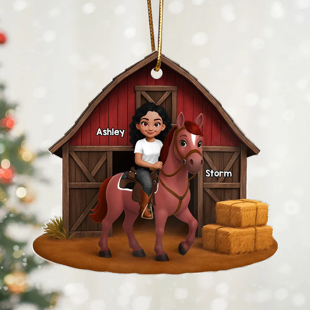 Acrylic Ornament, Cowgirl Riding Horse at Red Barn, Custom Farm Scene, a unique gift for Horse Lovers & Kids - Image 5