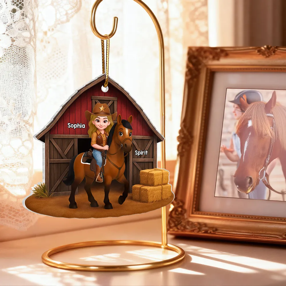 Acrylic Ornament, Cowgirl Riding Horse at Red Barn, Custom Farm Scene, a unique gift for Horse Lovers & Kids - Image 7