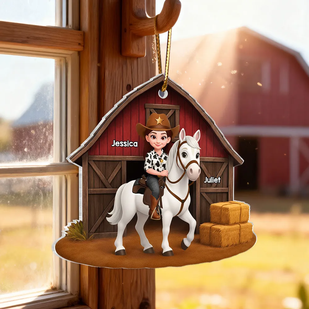 Acrylic Ornament, Cowgirl Riding Horse at Red Barn, Custom Farm Scene, a unique gift for Horse Lovers & Kids - Image 8