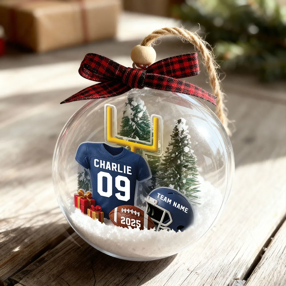 Snow Globe Ornament - Football Jersey, Helmet & Goal Post, Customizable, Christmas Tree Decor, A Unique Gift for Players & Fans - Image 3