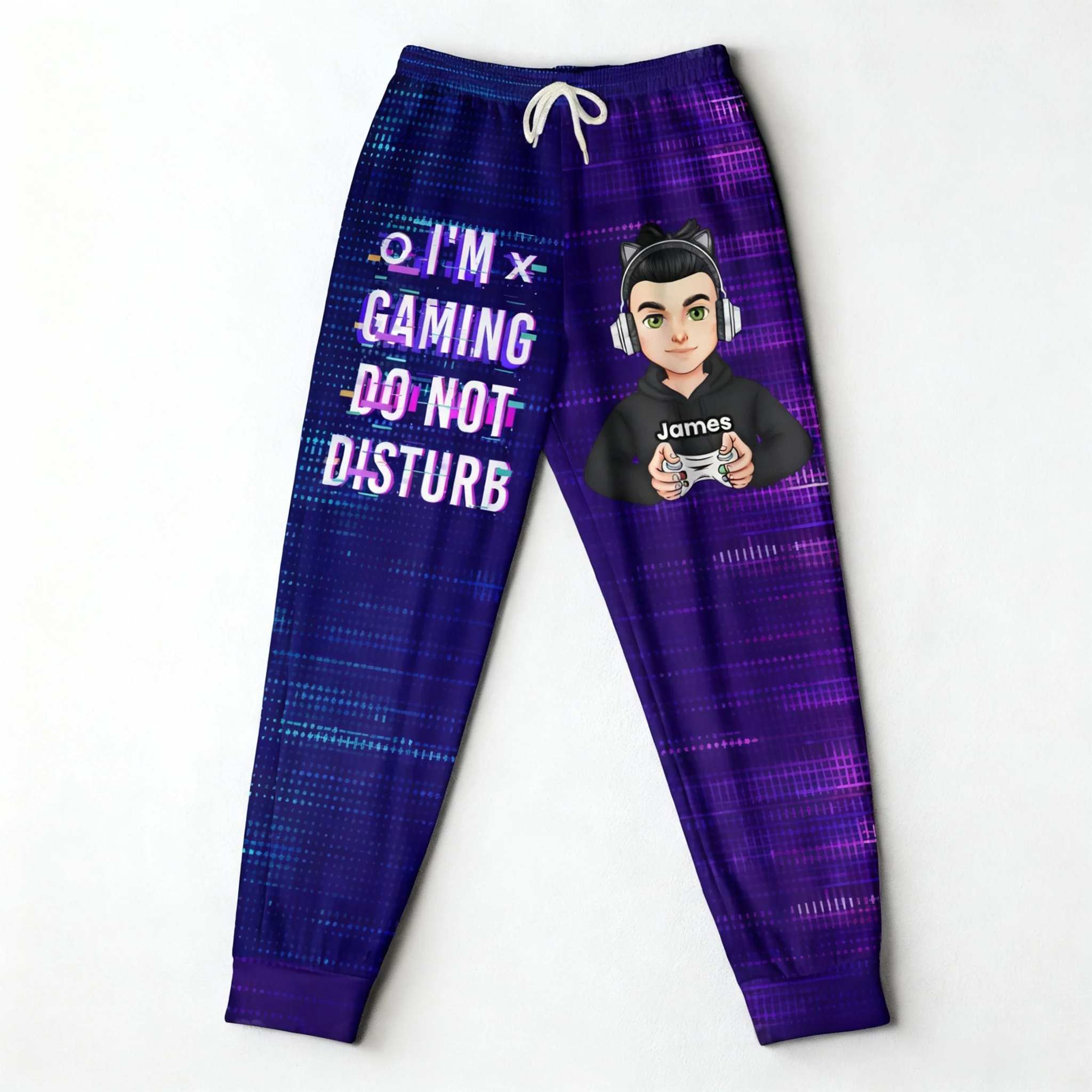 Custom Pixel Gamer Cartoon Sweatpants, Neon Print "Do Not Disturb" Gaming Joggers, Creative Gift