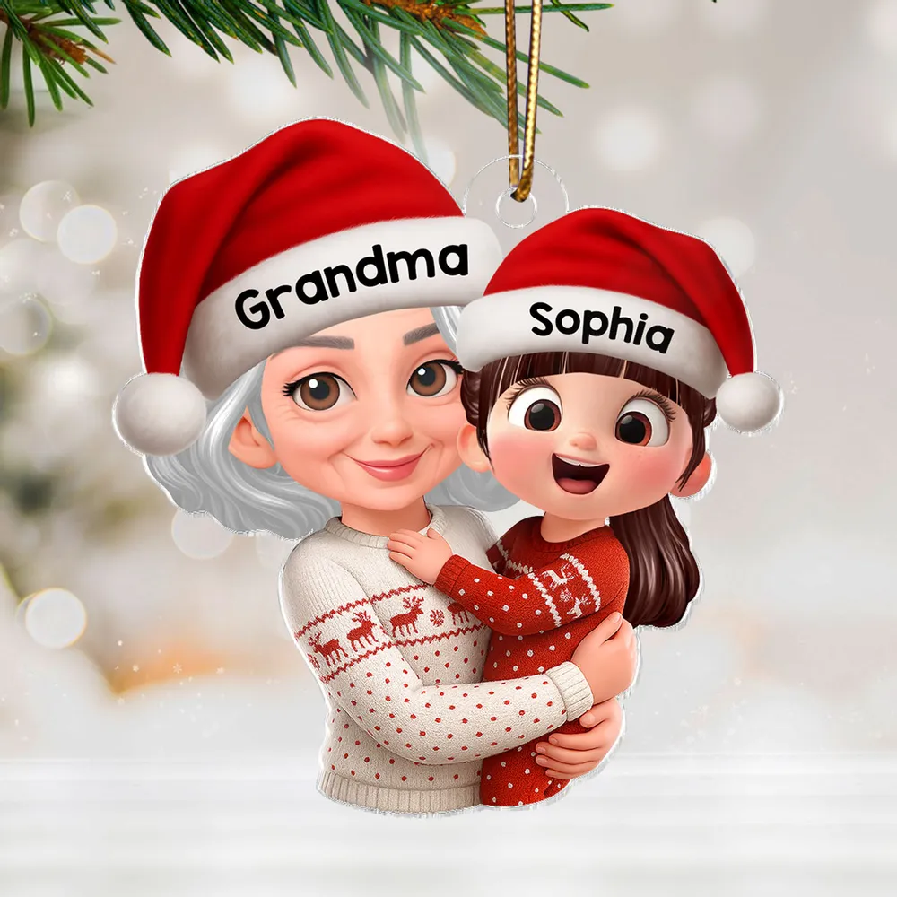 Christmas Acrylic Ornament - Grandma Hugging Grandkid in Santa Hats, Cute Cartoon Tree Decor, a Unique Gift for Family - Image 2