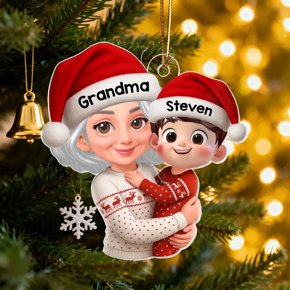 Christmas Acrylic Ornament - Grandma Hugging Grandkid in Santa Hats, Cute Cartoon Tree Decor, a Unique Gift for Family - Image 7