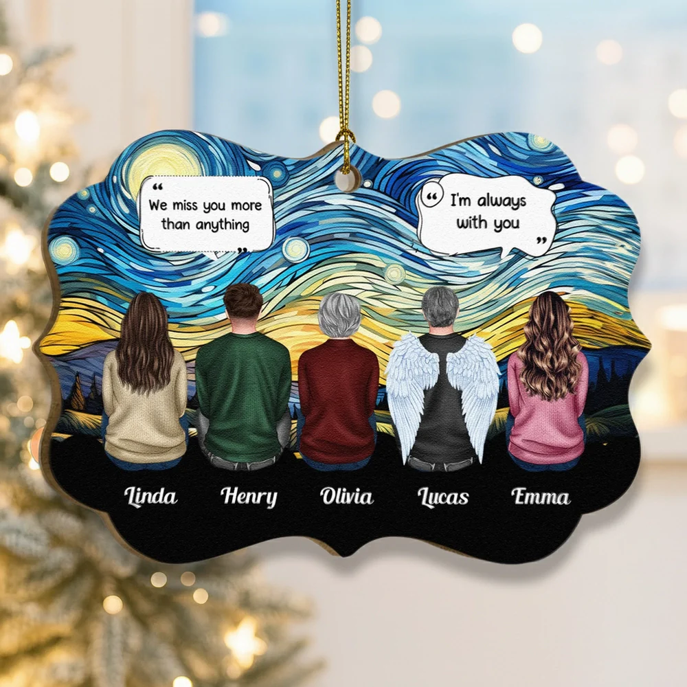 Wooden Ornament Memorial Keepsake - Starry Sky Family Back View, Angel Wings, 'We miss you' quote, a unique gift for family