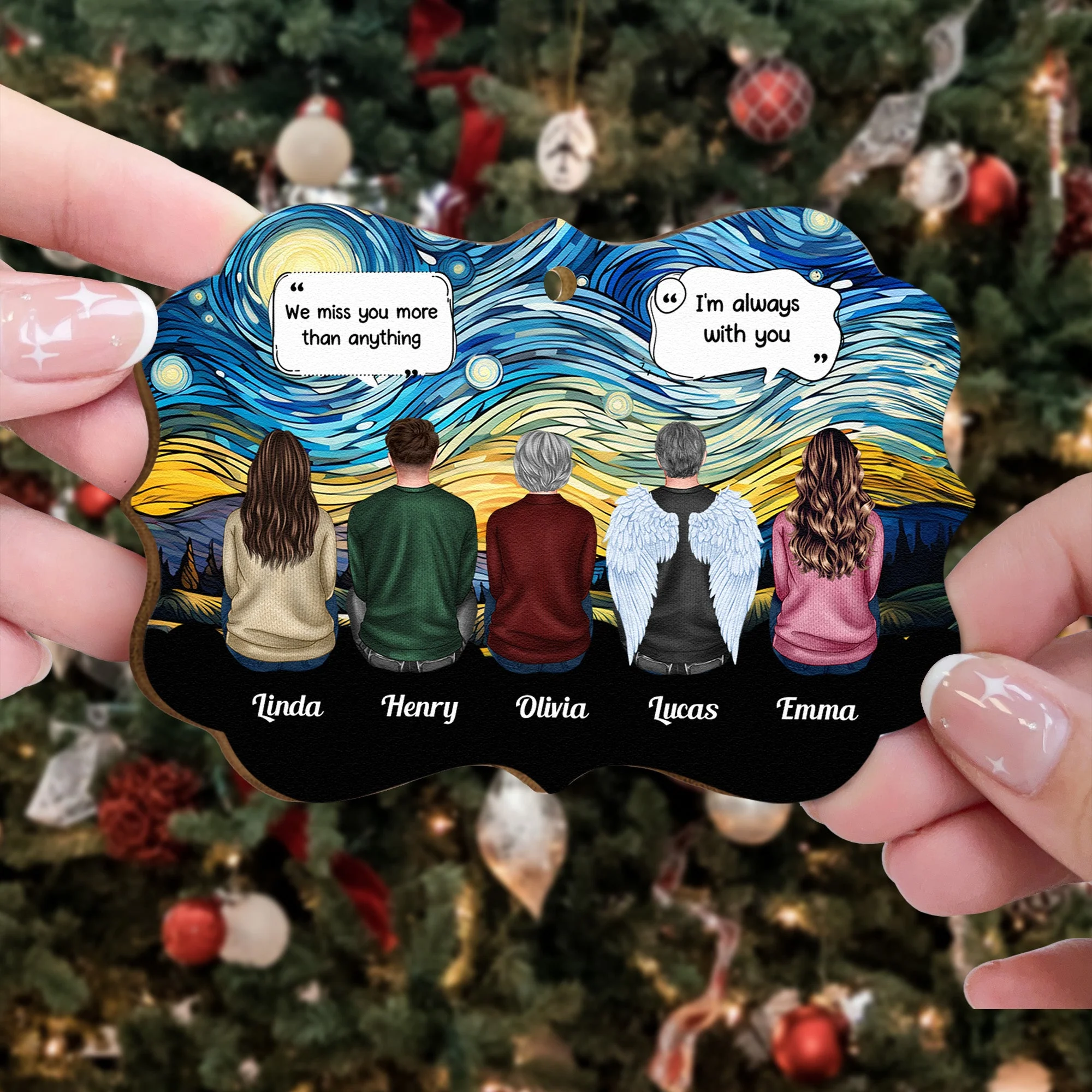 Wooden Ornament Memorial Keepsake - Starry Sky Family Back View, Angel Wings, 'We miss you' quote, a unique gift for family - Image 4