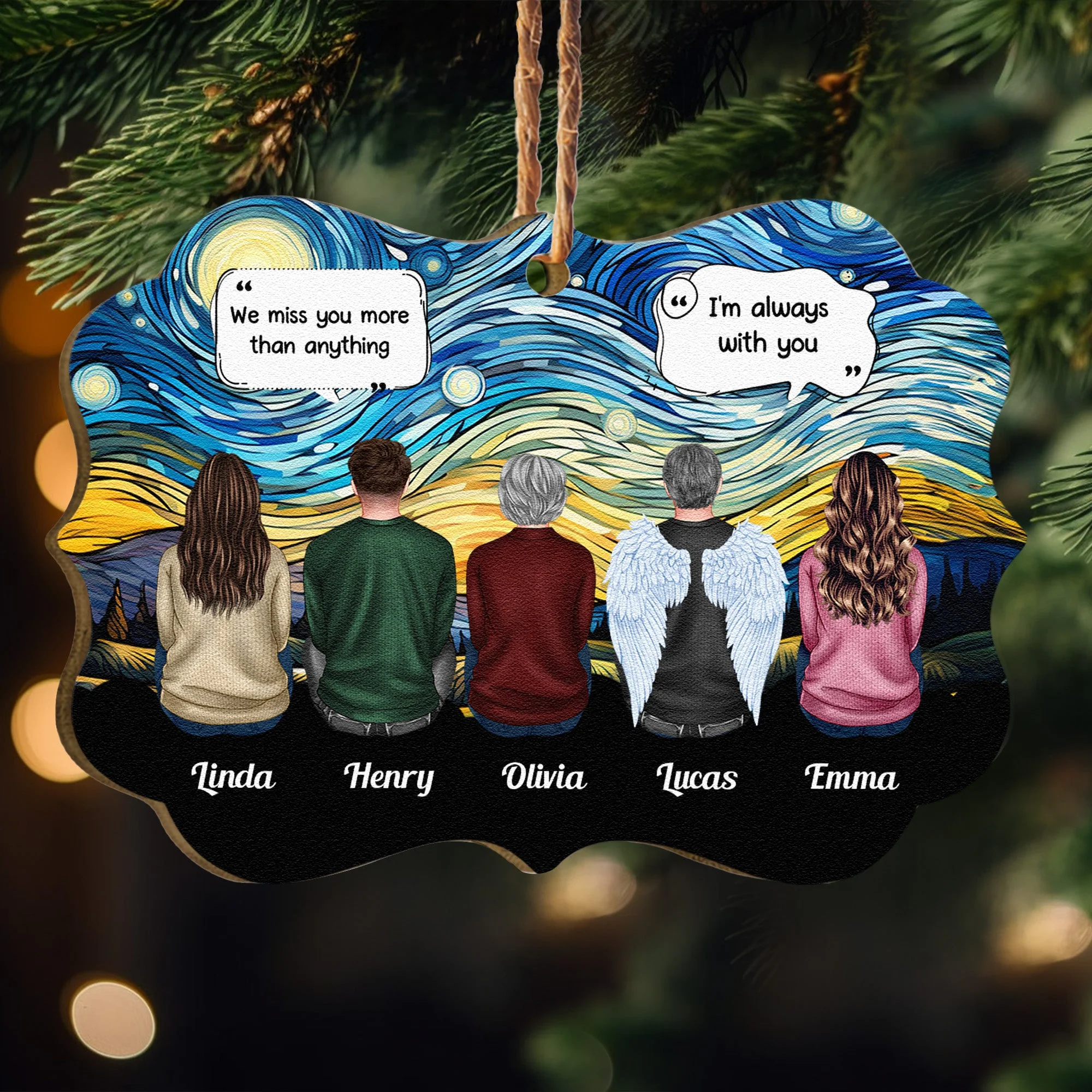 Wooden Ornament Memorial Keepsake - Starry Sky Family Back View, Angel Wings, 'We miss you' quote, a unique gift for family - Image 5