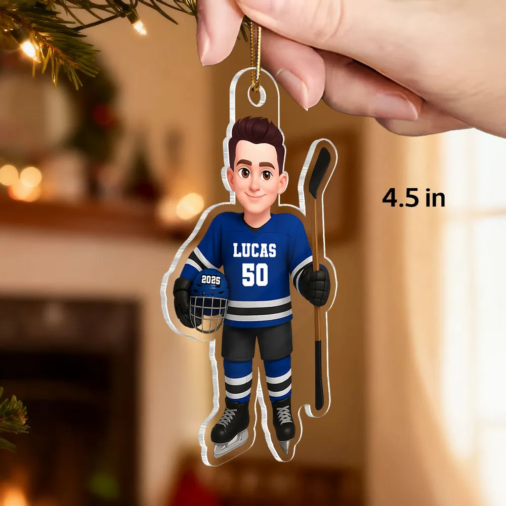 Acrylic Ornament - Personalized Hockey Player Cartoon Holding Stick, Christmas Tree Decor, Unique Gift for Players & Fans - Image 3
