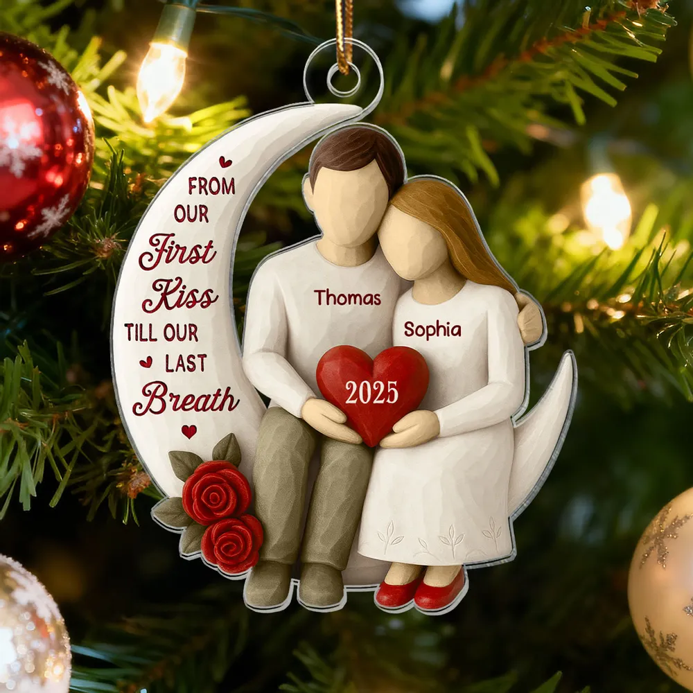 Acrylic Ornament with Crescent Moon Couple & Roses, Romantic Quote, Christmas Keepsake, Unique Gift for Couples