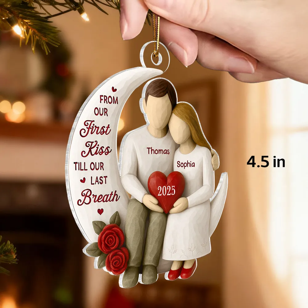 Acrylic Ornament with Crescent Moon Couple & Roses, Romantic Quote, Christmas Keepsake, Unique Gift for Couples - Image 2