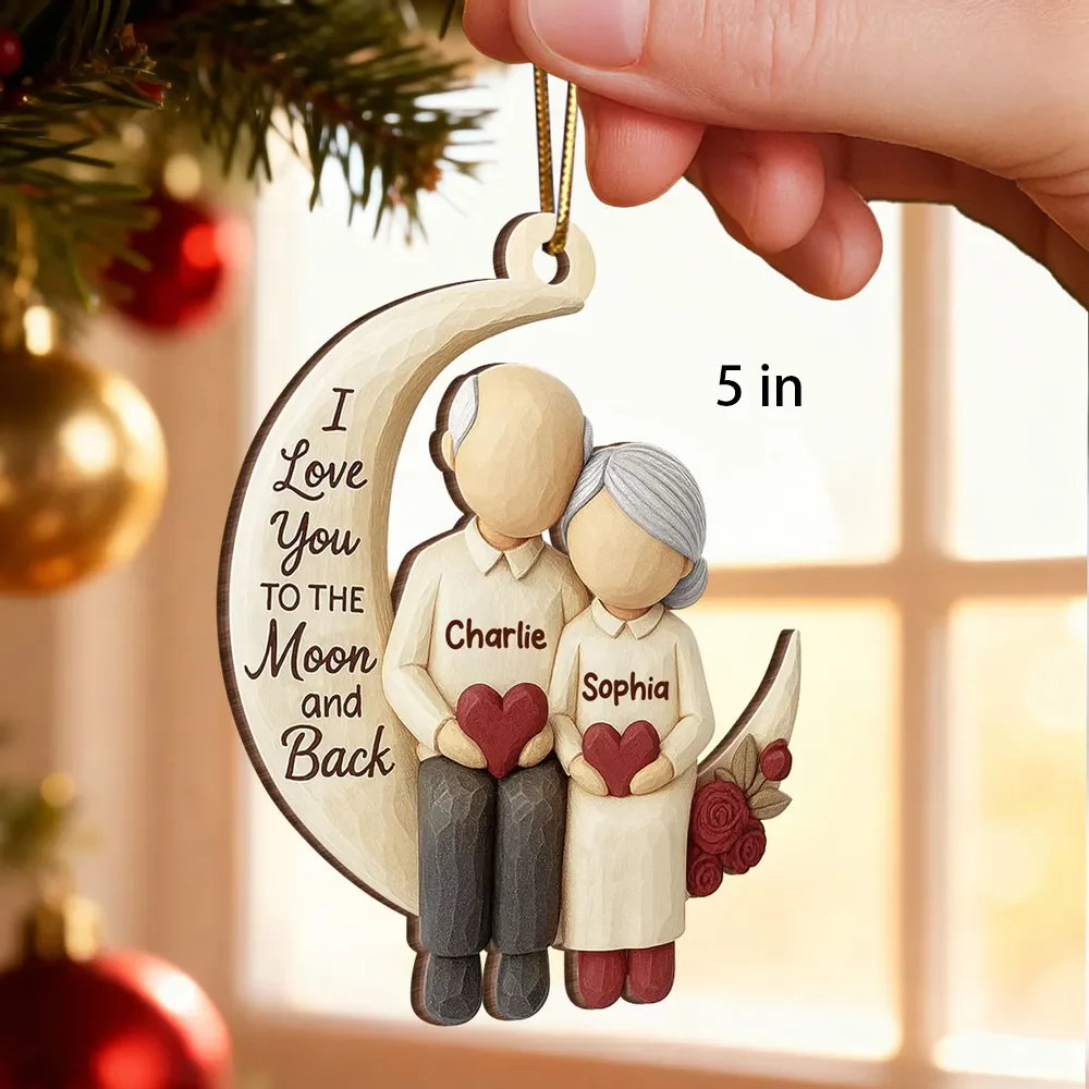 Wooden Ornament - I Love You to the Moon, Carved Couple Design, Unique Christmas Gift for Couples or Grandparents - Image 2