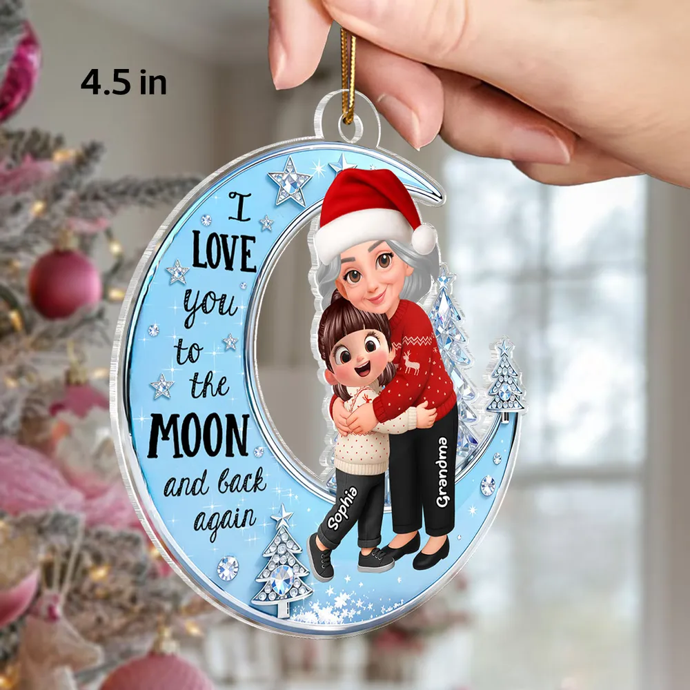 Acrylic Ornament - Grandma & Grandkid on Crescent Moon, Cute Christmas Scene, I love you to the moon and back, unique gift - Image 2